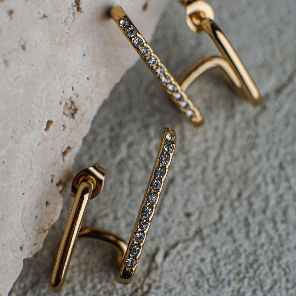 Luna Crystal-Studded Gold Drop Earrings